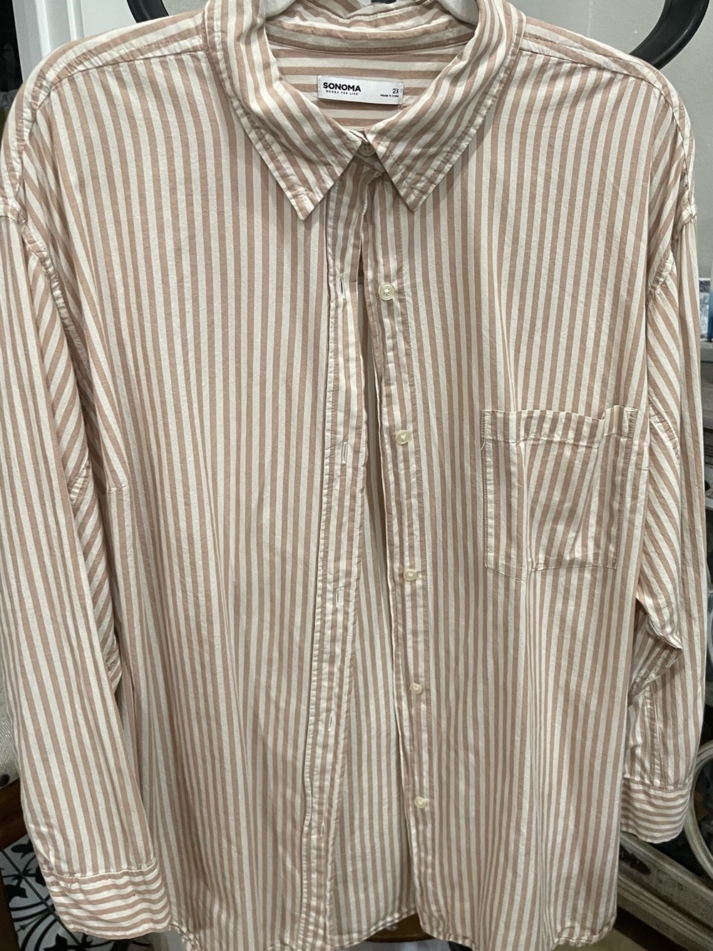 Sonoma Beige and White Vertical Stripe Button-Down Shirt